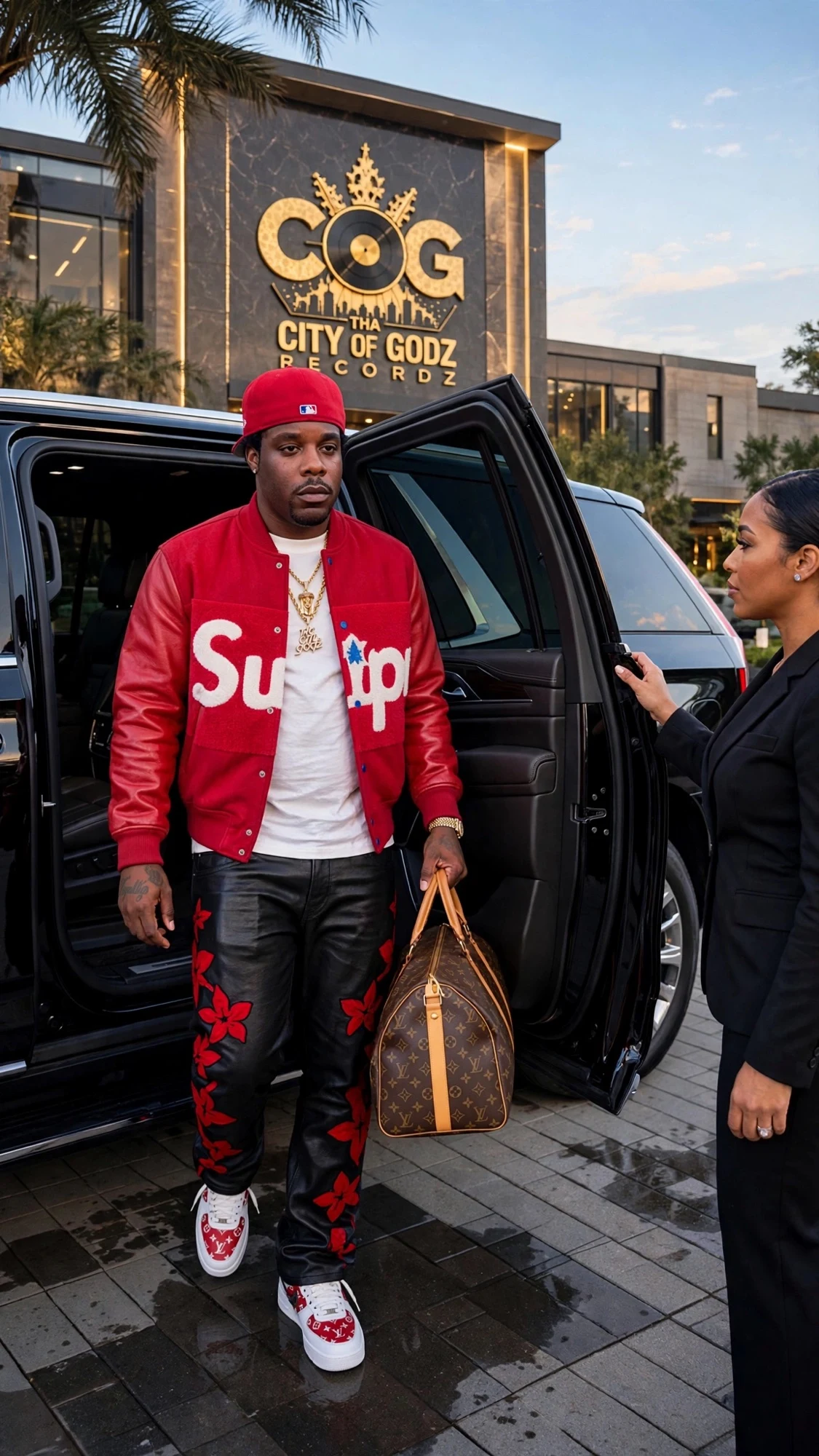 COG KA'RON in a red Supreme varsity jacket stepping out of a black Escalade at Tha City of Godz headquarters, Louis Vuitton duffel in hand