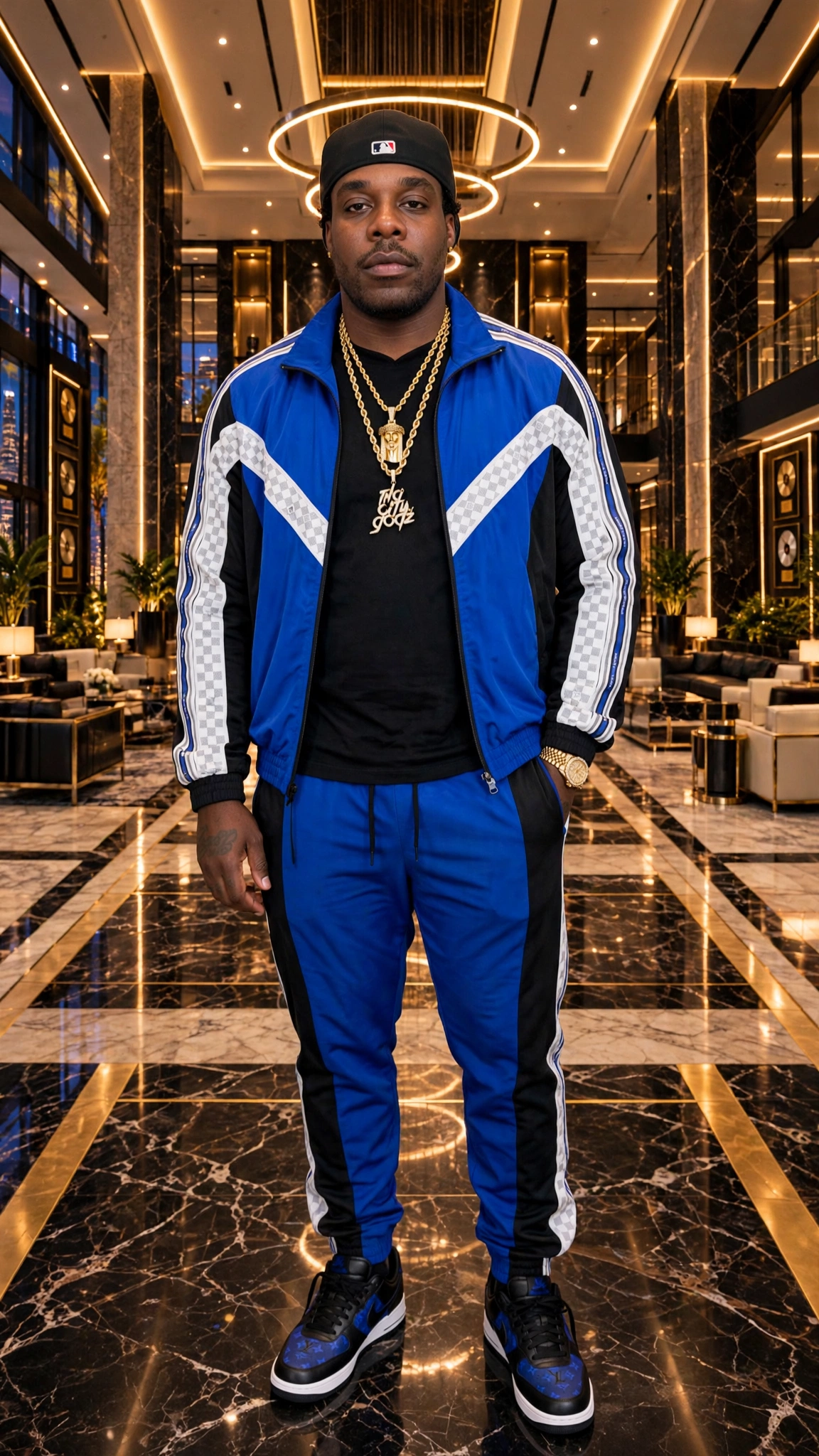 COG KA'RON standing in a hotel lobby in a blue Louis Vuitton Damier track set