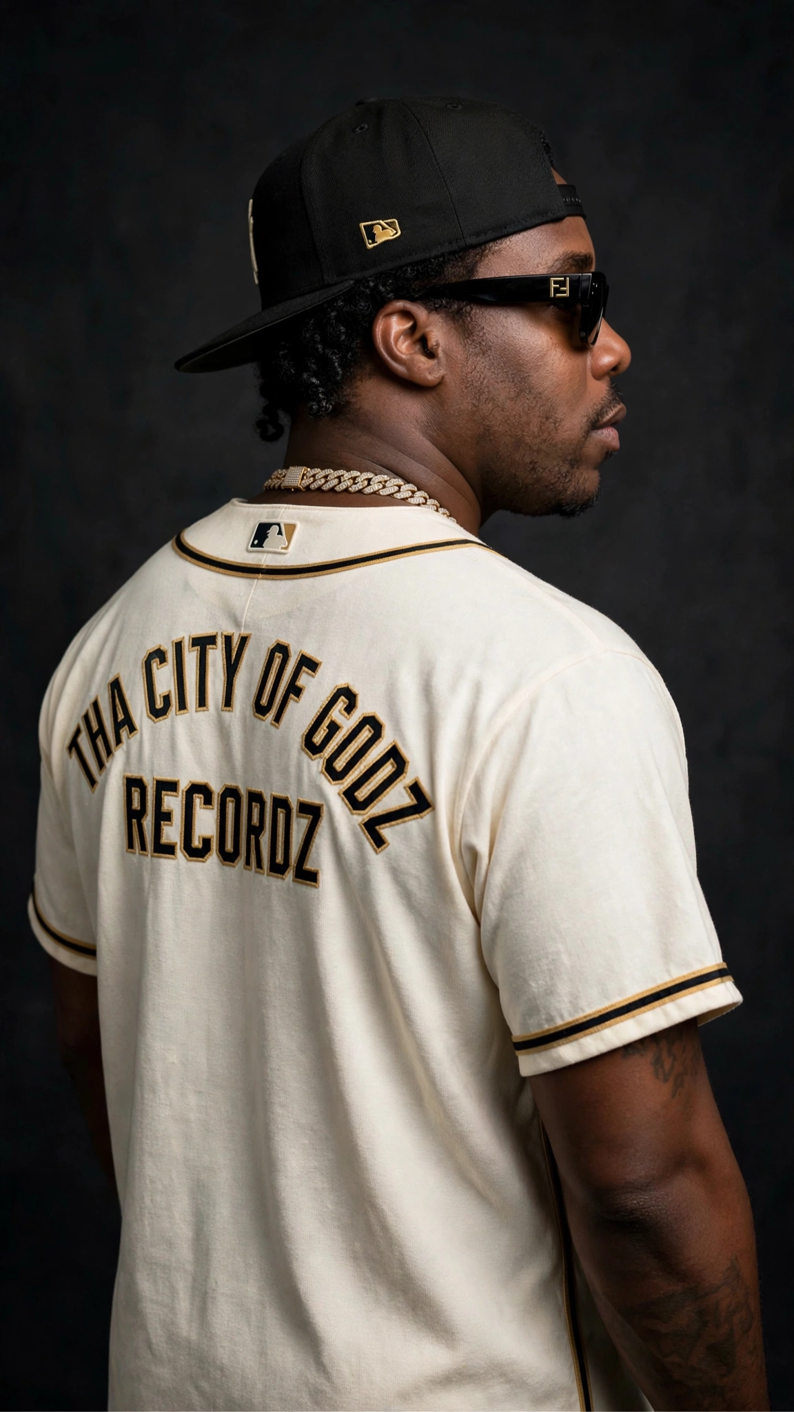 Back view of COG KA'RON in a cream Tha City of Godz Recordz batting jersey