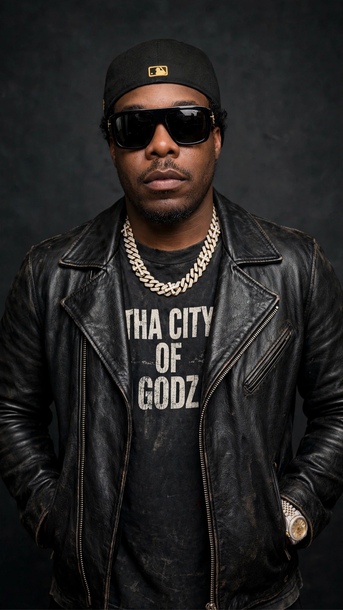COG KA'RON in a black leather jacket with two short Cuban chains, no pendants