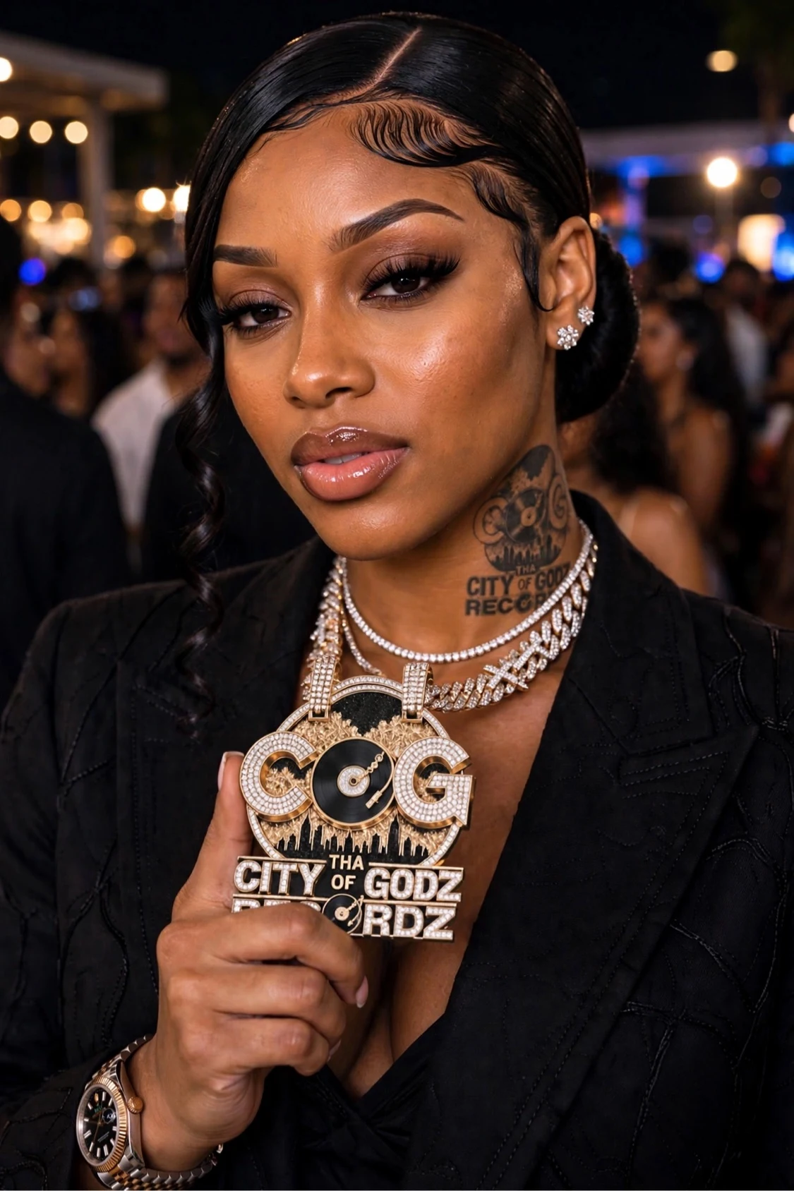 PRINCE$$ LUXXURIE close-up at a night event, holding up her big iced COG pendant from Tha City of Godz Recordz