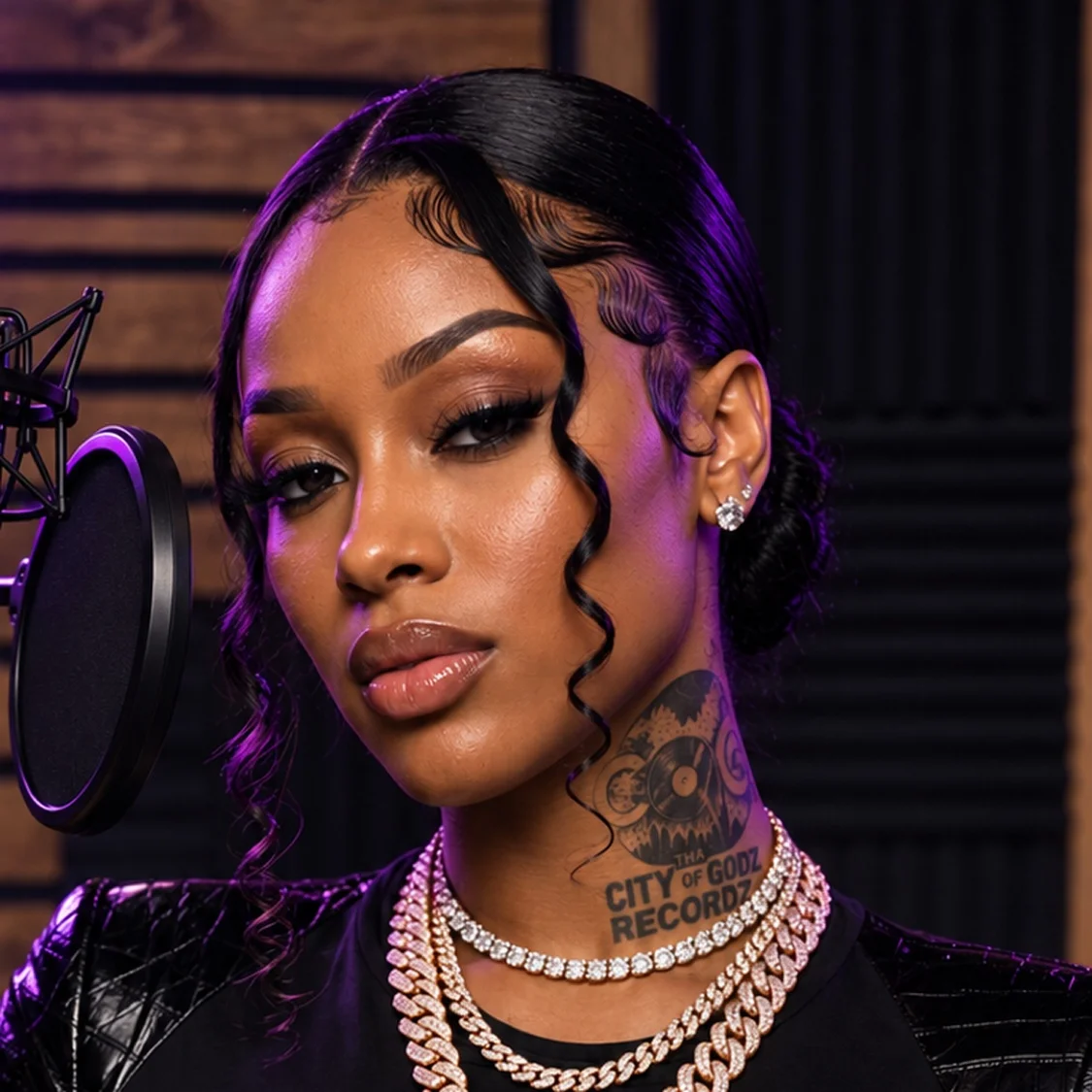 PRINCE$$ LUXXURIE studio close-up at the mic in purple light, COG neck tattoo and iced chain stack