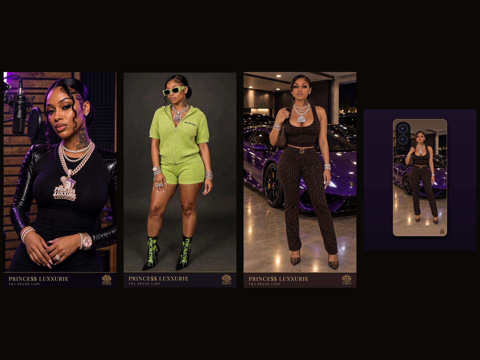 Luxxurie Full Set — three canvases and the Purple Lambo phone case